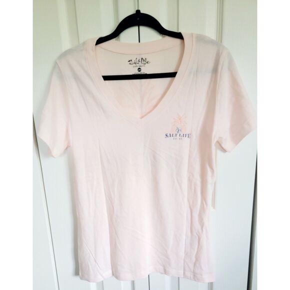 Salt Life L T-Shirt Women's Large Peach Beach Tropical Print on Back COTTON NWT - Picture 2 of 8